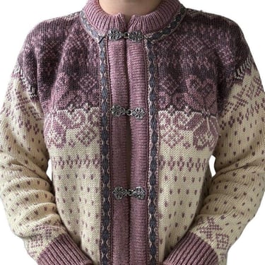 Vintage Womens Dale of Norway Purple Snowflake Fair Isle 100% Wool Cardigan Sz S 