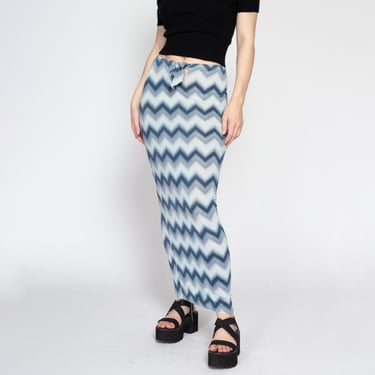 Medium 90s Blue Zig Zag Striped Maxi Skirt | Vintage High Waisted Keyhole Slinky Stretchy Skirt 