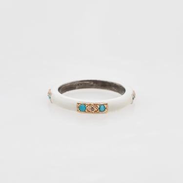 White Old World Enamel Ring with Turquoise & Diamonds