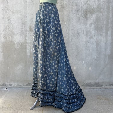 Antique Victorian Blue Indigo Cotton Calico Dress Skirt Back Train Ruffle VTG