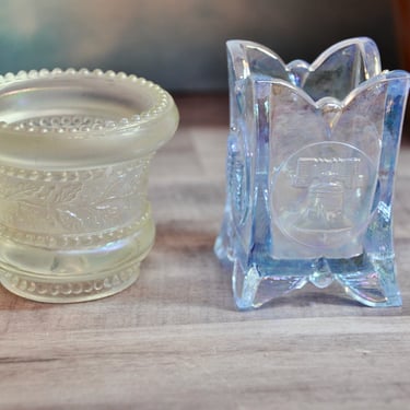 Toothpick Holders Joe St Clair Azure Blue Bicentennial & Ice White Holly Band Carnival Glass Rare Collectibles Birthday Gift Set of Two 