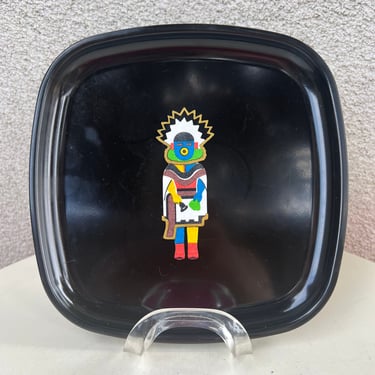 Vintage Couroc black square tray Hopi Kachina Doll theme 8.5” 