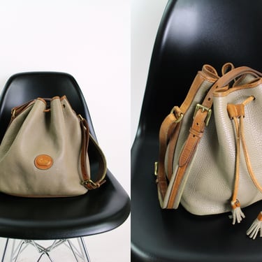 90s Dooney and Bourke Drawstring Bag / Bucket Bag / Leather Shoulder Bag / Vintage D&B / Taupe and Brown Purse 