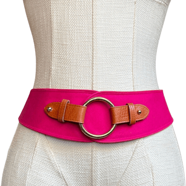 Vintage Fuchsia Pink Wide Leather Ring Pull Back Adjustable Waist Belt