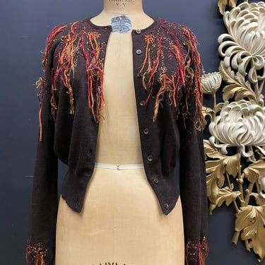 1990s Moschino cardigan, brown and orange, vintage sweater, fringe, cropped sweater, small medium, 90s designer, fall fashion, embroidered 