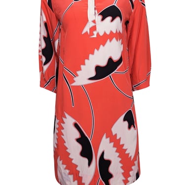 Diane von Furstenberg - Coral, White, & Black Print Silk Shift Dress Sz 4