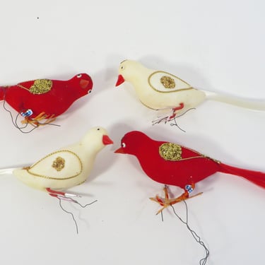 Vintage Red and White Flocked Bird Christmas Ornaments 