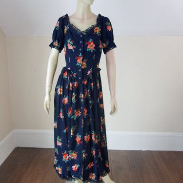 90s black floral maxi dress with lace detail, off the shoulder corset style hippie, goth, dark cottagecore, or soft grunge style long gown 