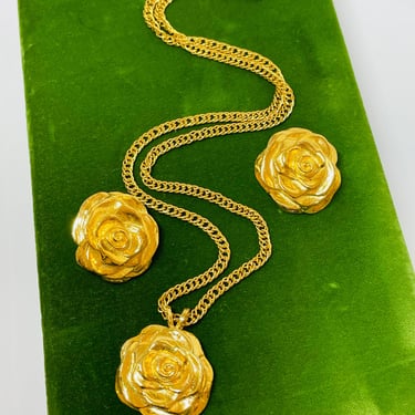 Gold Rose Necklace and Earrings Set