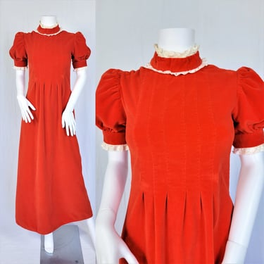 1960's Orange Velvet High Neck Long Maxi Dress I Sz Sm I Baby Doll I Dolly 