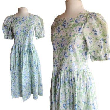 Vintage 80s Laura Ashley Floral Print Dress Blue Green White Cotton 