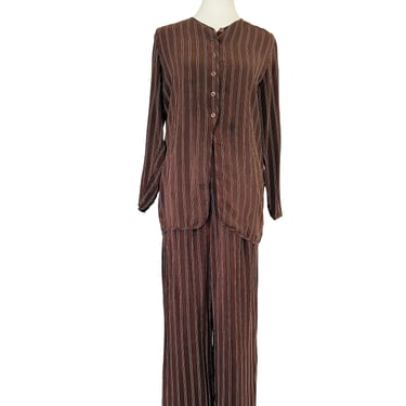 Brown and Ivory Striped Silk Pant Set