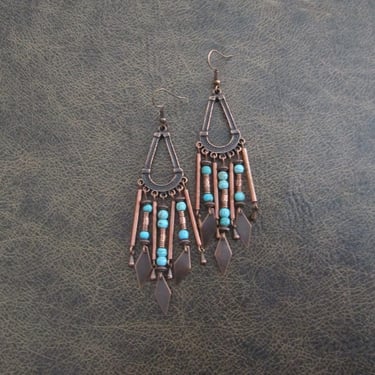Copper chandelier earrings, bold statement earrings, southwest earrings, tribal ethnic earrings, gypsy earrings, turquoise earrings 