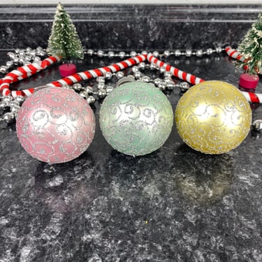 Vintage Pastel Glitter Christmas Ornaments, Made in Austria Ornament, Glitter Swirls, hand decorated Christmas Tree Ornaments, Holidays 