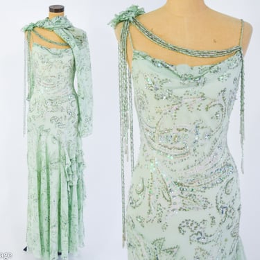 1990s Floral Silk Chiffon Evening Dress  | 90s Green Silk Beaded Evening Dress | Spaghetti Strap Formal | Hong Ni | Small 