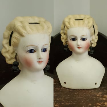 Parian Doll Head with Ornate Blonde Hairstyle and Earrings 4