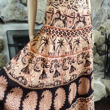 1970s Bohemian Cotton Batik Print Wrap Around Skirt Long A-Line Hippie Gypsy Ethnic Tan Black Red Color Block Women's Vintage Clothing India 