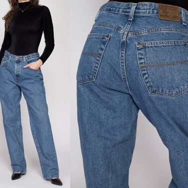 33x32 90s High Waisted Dad Jeans | Vintage Unisex Medium Wash Denim Baggy Tapered Leg Jeans 