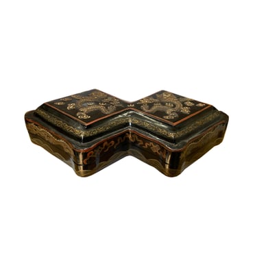 Chinese Distressed Brown Lacquer Double Rhombus Dragons Graphic Box cs4645 