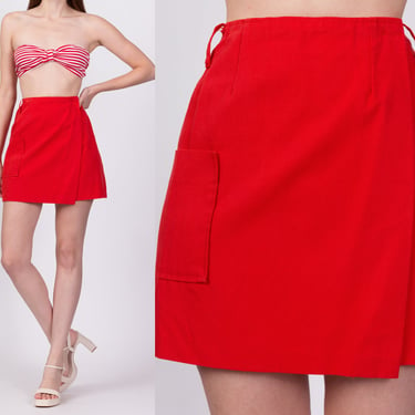 70s Red Mini Wrap Skirt - Extra Small, 24.5" | Retro Vintage Pocket Miniskirt 