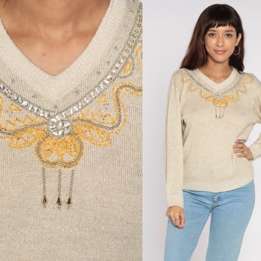 Metallic Beaded Sweater Cream 80s Necklace Sweater Gold Beads Slouchy 1980s Pullover Vintage Hipster Jumper Acrylic Medium 