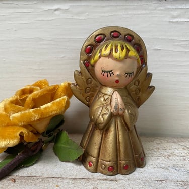 Mid Century Christmas Angel, Gold Angel, Looks Like Paper Mache, Small Kitsch Angel, 70's Angel 
