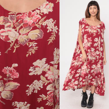 Red Floral Dress Y2k Plus Size Shift Dress Scoop Neck Sleeveless Midi Dress Summer Dress Retro Pink Rayon Vintage 00s 30 32 5xl 