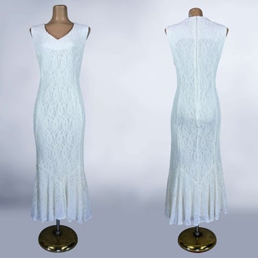 VINTAGE 80s White Stretch Lace Mermaid Midi Dress Plus Size by S.L. Fashions | 1980s Cocktail Party Wedding Dress Plus Size Volup | VFG 