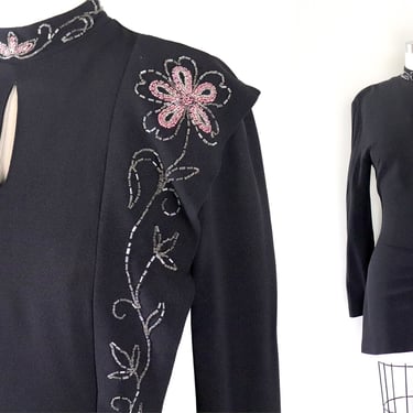 Vintage 1940s Vampy Assymetric Hem Beaded Rayon Cocktail Blouse Shirt 