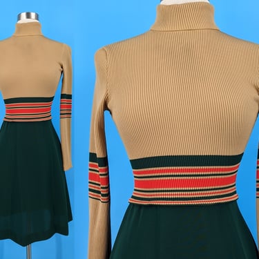 Vintage Seventies Jonathan Logan XS Tan Green Ribbed Turtleneck Striped Dress 