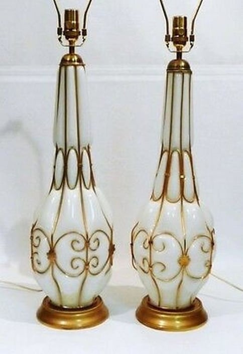 Mid Century Modern Pair of Murano Caged Milk Glass Hollywood Regency Table Lamps 