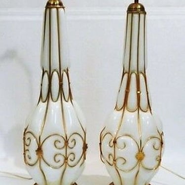 Mid Century Modern Pair of Murano Caged Milk Glass Hollywood Regency Table Lamps 