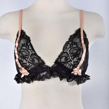 Victoria's Secret 1990s Vintage Bra, Pin-Up, Black Lace, Pink Bow, Front Hook, 32B, 34, Pinup, small 