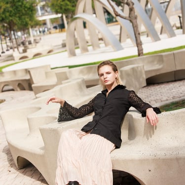 60s Black Cotton Bell Sleeve Lace Blouse Vintage Hourglass Formal High Collar Victorian Top 