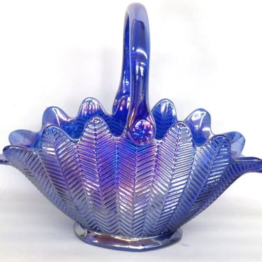 LE Smith Cobalt Blue Iridescent Carnival Glass Basket Bowl Feather Pattern 2634B