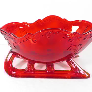 Vintage Ruby Red Glass Christmas Sleigh - Red Mosser Glass Sleigh 