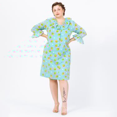 Vintage 60s Aqua Blue Floral Polka Dot Print House Dress - Extra Large | 1960s Retro 3/4 Sleeve Ruffle Collar A Line Midi Shift Dress 
