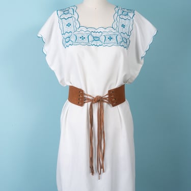 1970s White Mexican Dress with Square Neck and Turquoise Embroidery 