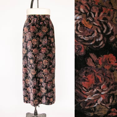 1970s Velvet Maxi Full Skirt Printed Floral S 