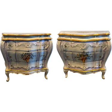 Pair Italian Venetian Gilt and Painted Pine Bombe Chest of Drawers