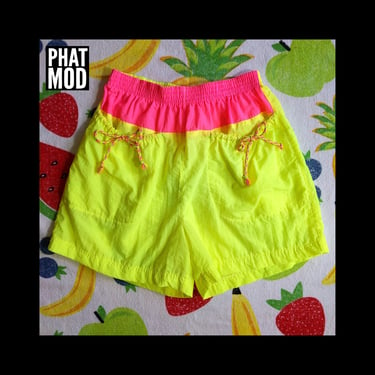 Neon Yellow & Pink Color Block Sporty Shorts with Pockets 