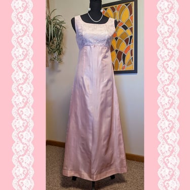 Vintage 1960s Light Pink Taffeta Empire Waist Elegant Formal Evening Gown with Lace & Pearl Details 