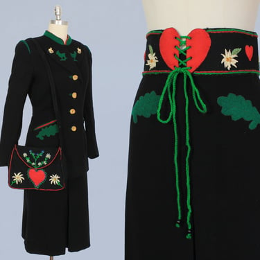 1940s Dress / 40s FIVE Piece Set Folk Austrian Appliqued Jacket / Skirt / Corset Belts / Shoulder Bag Purse / Novelty Suit Set 