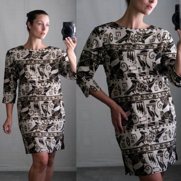 Vintage 80s Andrea Jovine Egyptian Print Linen Black & Natural Dress | 100% Linen | 1980s Designer Boxy Fit Linen Bracelet Sleeve Dress 