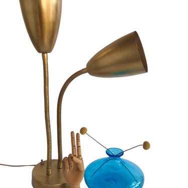 Mid-Century Kurt Versen Double Gooseneck Gold Metal Desk Lamp | Vintage Space Age Lighting | Extra Tall One/Two Light Option 