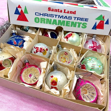 VINTAGE: 12pcs - Early Poland Ornaments in Box - Santa Land Round and Indent Ornaments - Mercury Glass Ornaments 