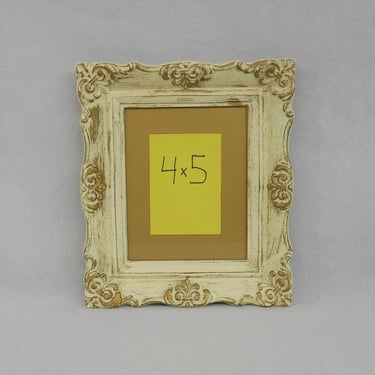 Vintage Picture Frame - Molded Plastic w/ Shabby Cream and Dark Gold Paint - Holds a 4