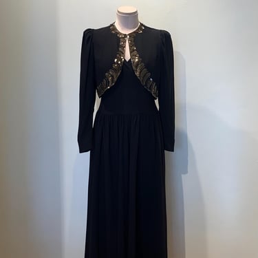 1940's Formal - Long Black Rayon Crepe Dress - Bolero Jacket with with Sequin Details -  Old Hollywood Glamour - Size Small 