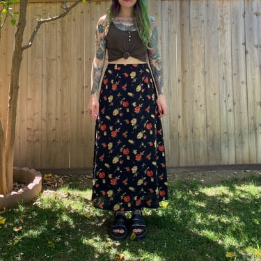 Vintage 1990’s Long Black Skirt with Red and Tan Rose Print 