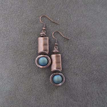 Industrial earrings, teal druzy agate and copper minimalist earrings 
